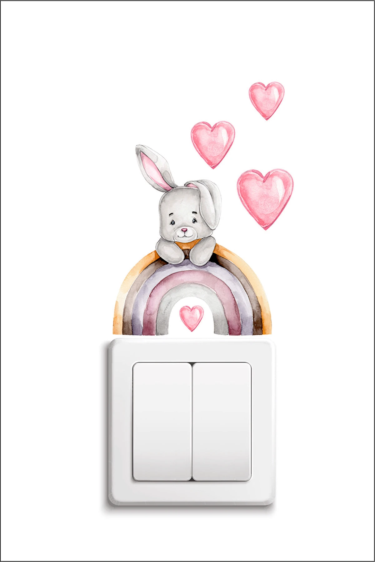 Çocuk Bebek Odası Gökkuşağı Üstünde Tavşan Dekoratif Priz Kenar Duvar Süsü Yapışkanlı Sticker