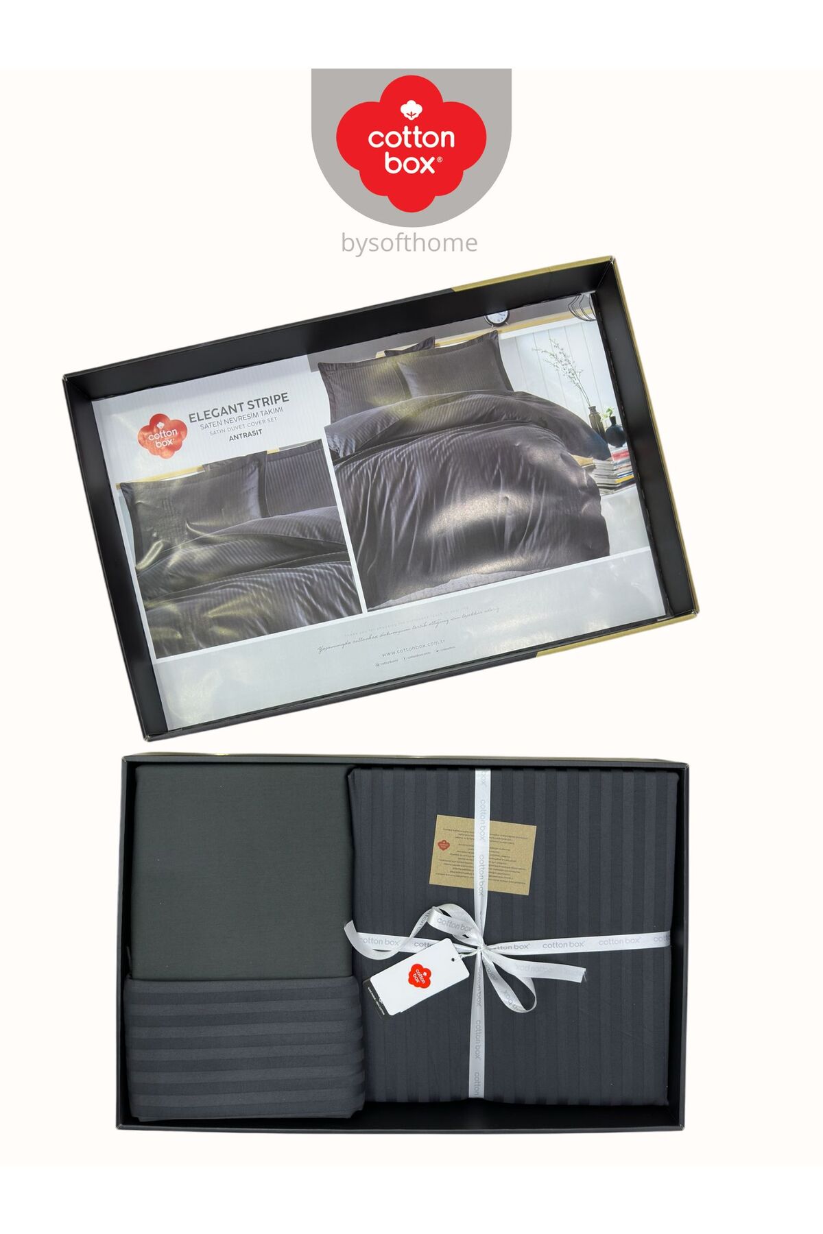 Elegant Stripe Antrasit Çift Kişilik Pamuk Saten Nevresim Takımı
