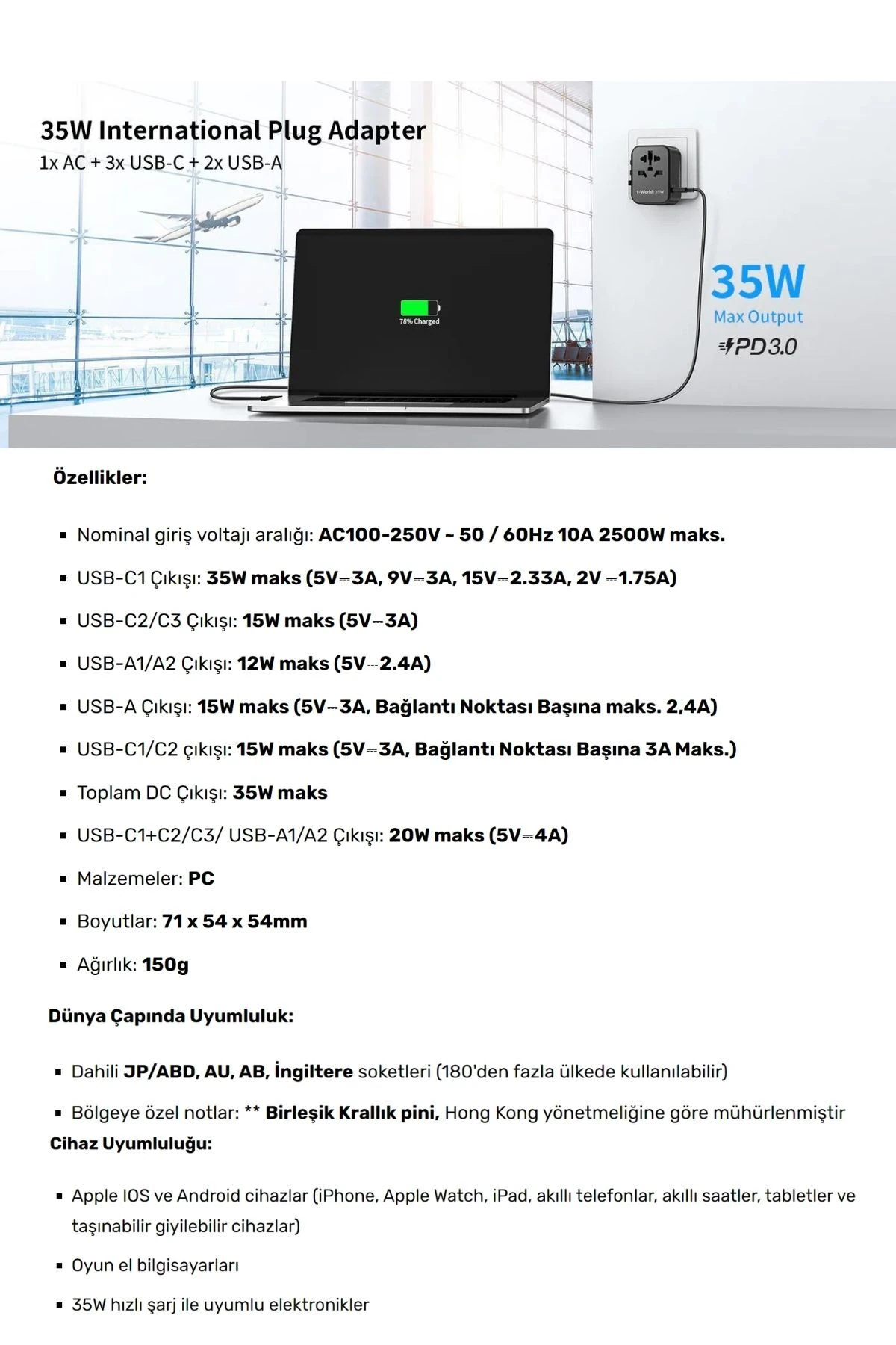35W 1-World 5-Port AC Seyahat Piriz Dönüştürücü Charger (Beyaz)