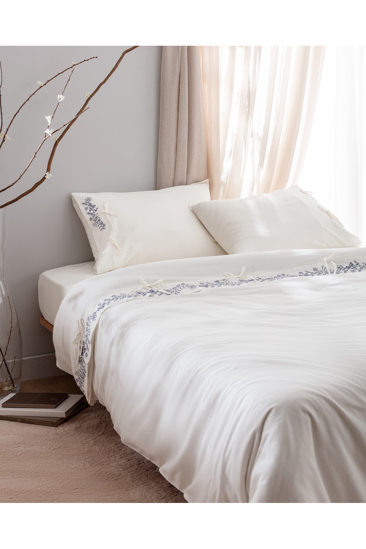 Relief King Size %100 Pamuk Bağlamalı Nevresim Takımı - Ekru/Lacivert