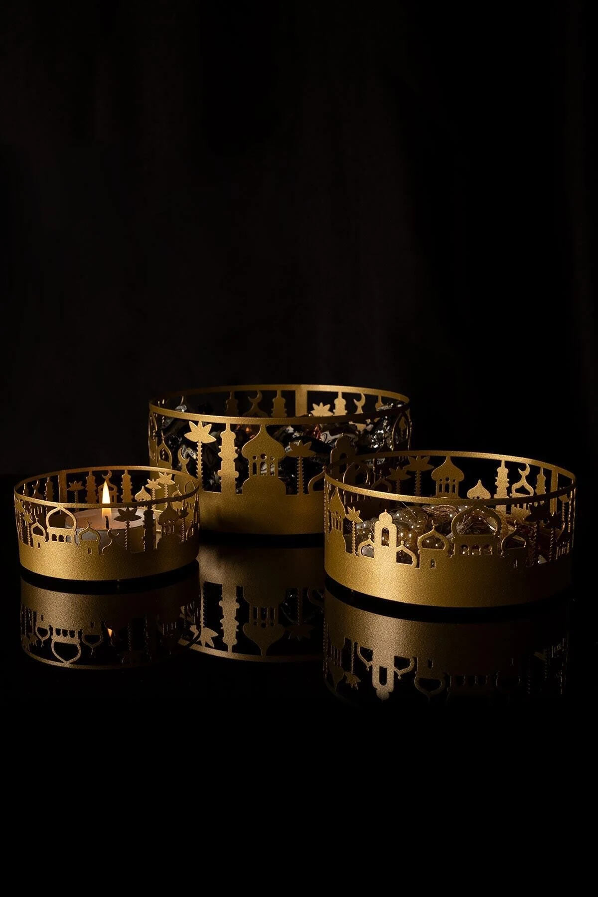 Cami Desenli 3'lü Metal Dekoratif Kase Seti - Islami Dekor - Ramazan Dini Ev Dekorasyonu Wamh127