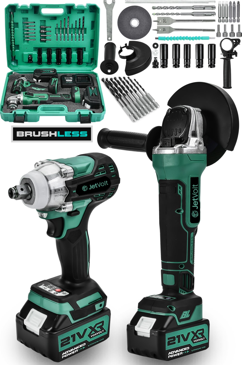 21V 2.0AH Şarjlı Somun Sıkma Sökme Darbeli 450NM + Şarjlı Taşlama 125MM Kömürsüz Profesyonel 2'li Set - Yeşil