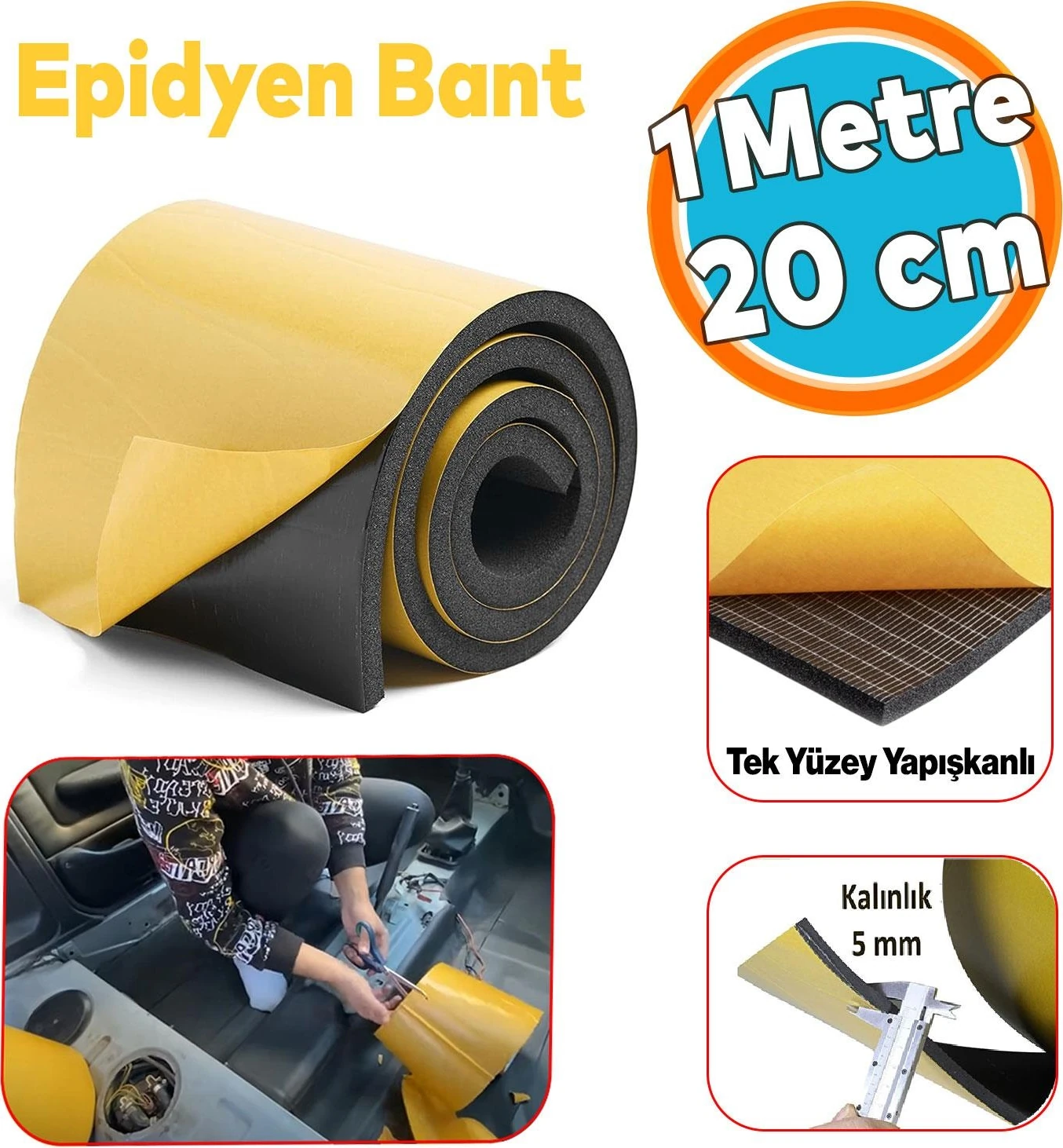 Yapışkanlı Oto Araç Ses Isı Yalıtım Izolasyon Bandı En:20 cm Kalınlık:5 mm Uzunluk 1 Metre Kauçuk
