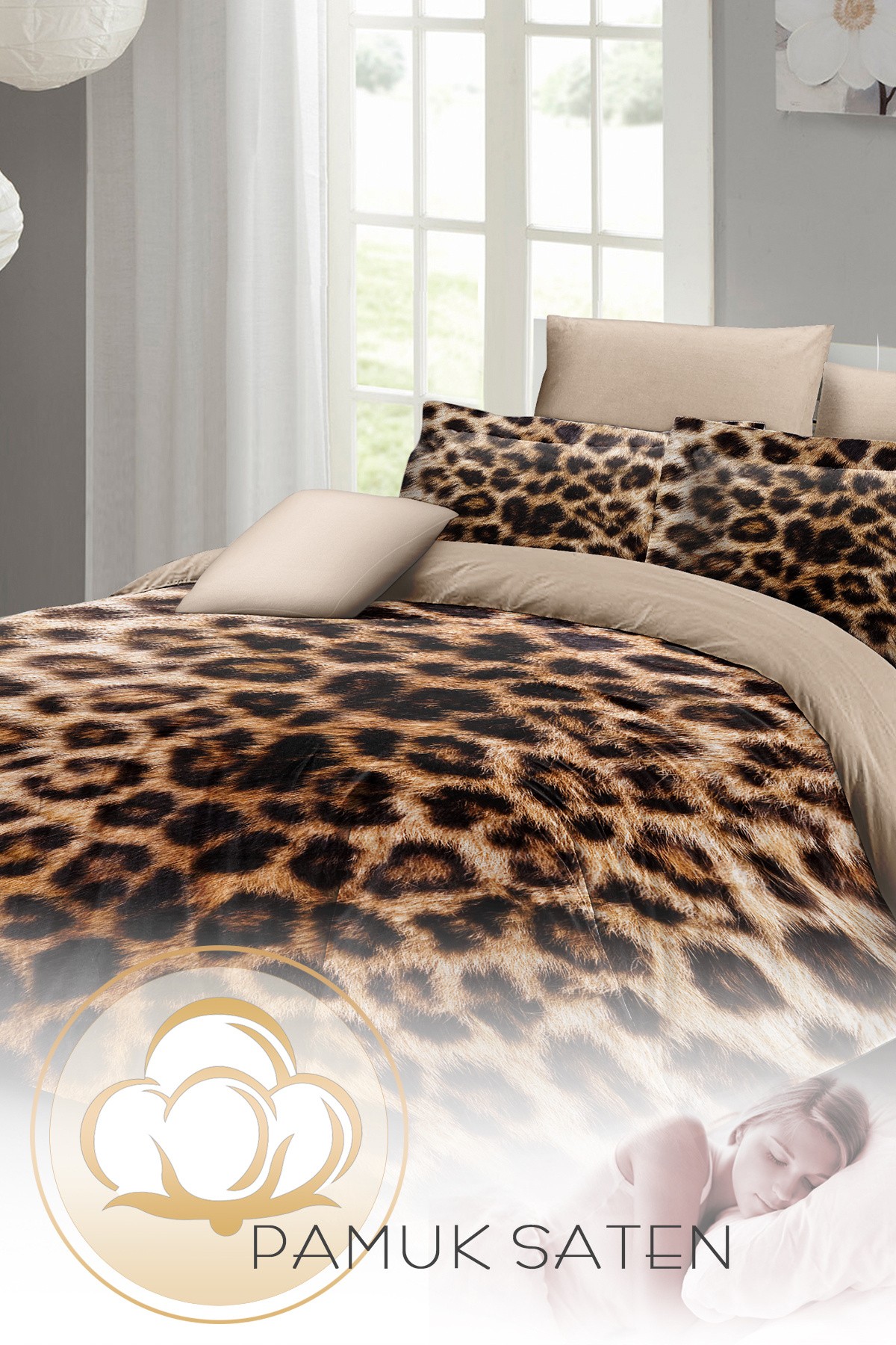 Kıng Sıze %100 Pamuk Saten Çift Kişilik Nevresim Takımı Leopard Feather 220x240cm