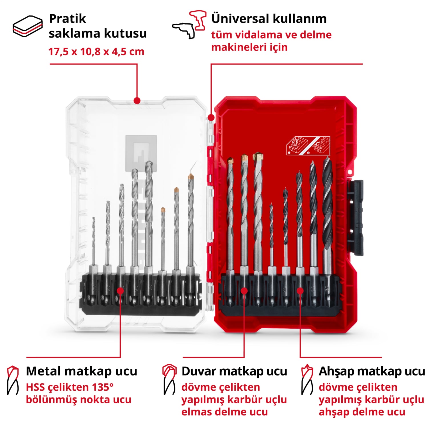 EİNHELL M-CASE 16 Parça Matkap Ucu Seti (Ahşap Matkap Uçları, Beton Delme Uçları Ve Akülü Vidalama Makineleri Ve Elektrikli Matkaplar İçin E 6.3 Saplı Metal Matkap Uçları, Saklama Kutusu Dahil)