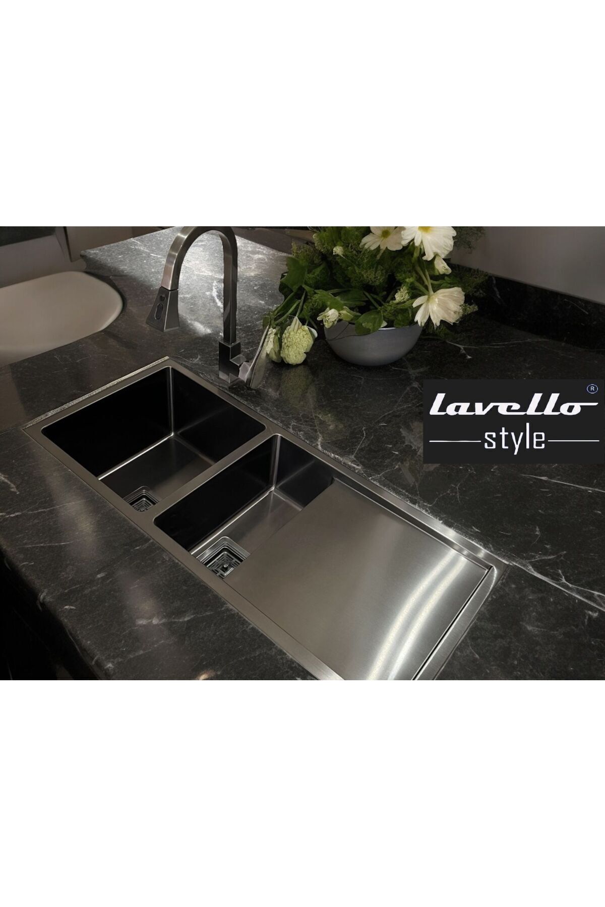 Meta 4018 45×100 Eviye Seti Sağ Damlalıklı Pvd Kaplama Füme Siyah Evye+Batarya (Musluk)