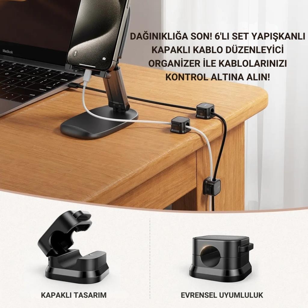 6 Adet Set Yapışkanlı Klips Kapaklı Kablo Düzenleyici Organizer, Ev, Ofis, Kablo Düzenleyici