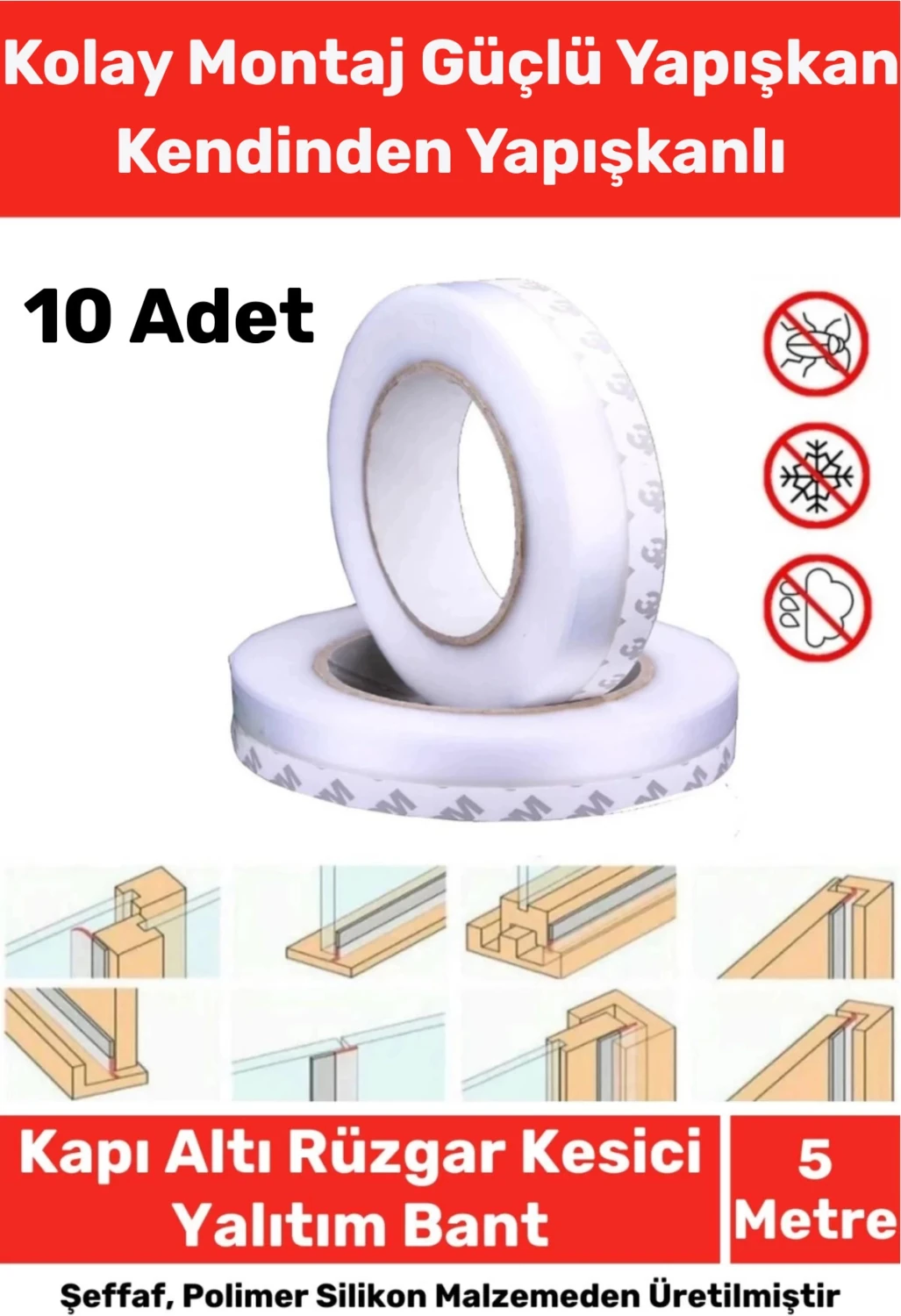 Ses Böcek Toz Önleyici Rüzgar Kesici Kapı Pencere Isı Izolasyon Yalıtım Şeffaf Şerit Bant 5mt 10ADET