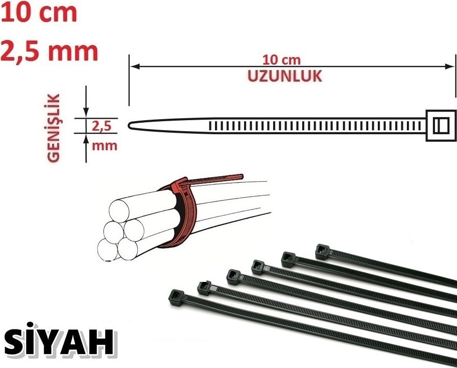 Plastik Cırt Kelepçe ( Kablo Bağı ) Siyah 10 cm x 2,5 mm