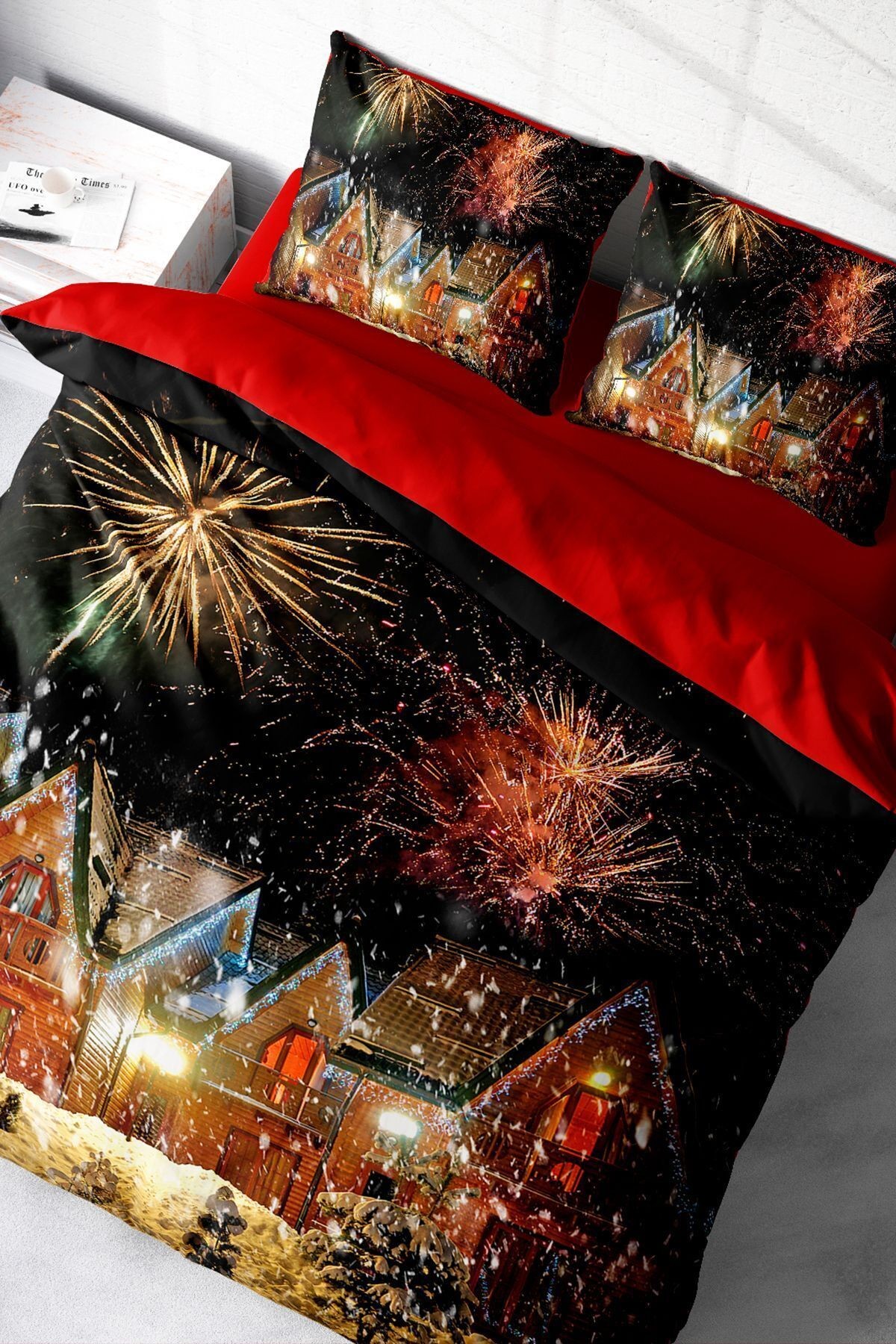Yılbaşı Nevresim Takımı Çift Kişilik %100 Pamuk Saten Nights Houses