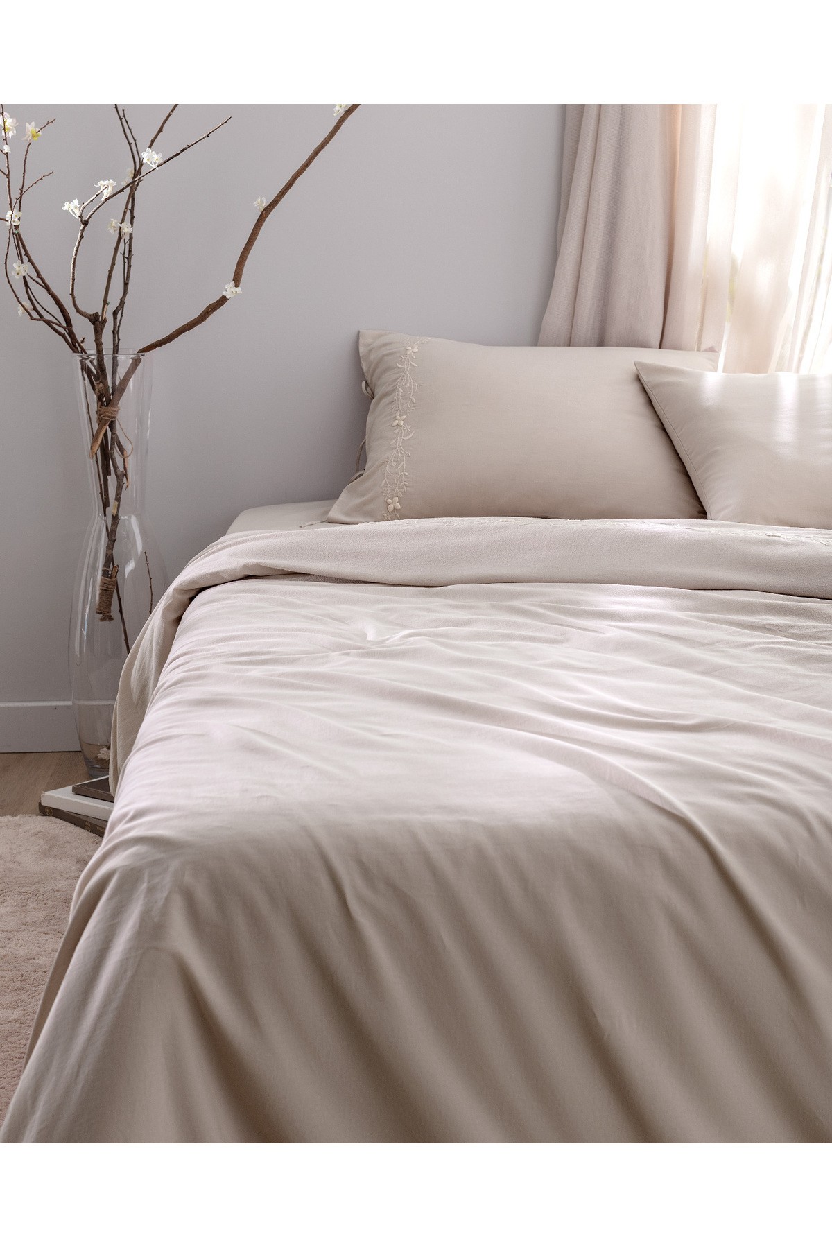 King Size %100 Pamuk Nakışlı Nevresim Takımı - Bej