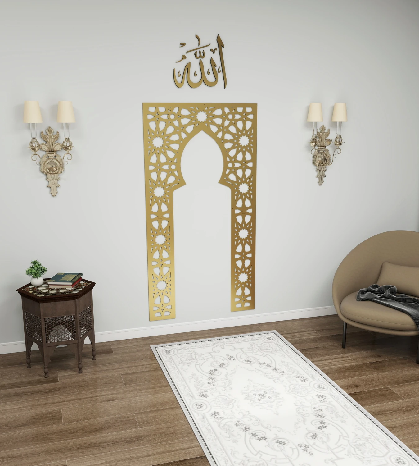 Islami Motifli Gold Metal Mihrab – Duvara Monte, 75X175 cm | Namaz Alanı & Mescit Dekoru