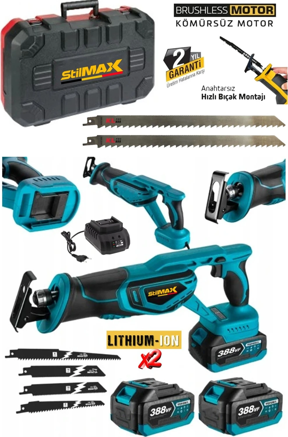 388VF 10AH Çift Akülü Kömürsüz Motor Çelik Şanzımanlı Akülü Tilki Kuyruğu Testere + 7 Ad Bıçak Seti
