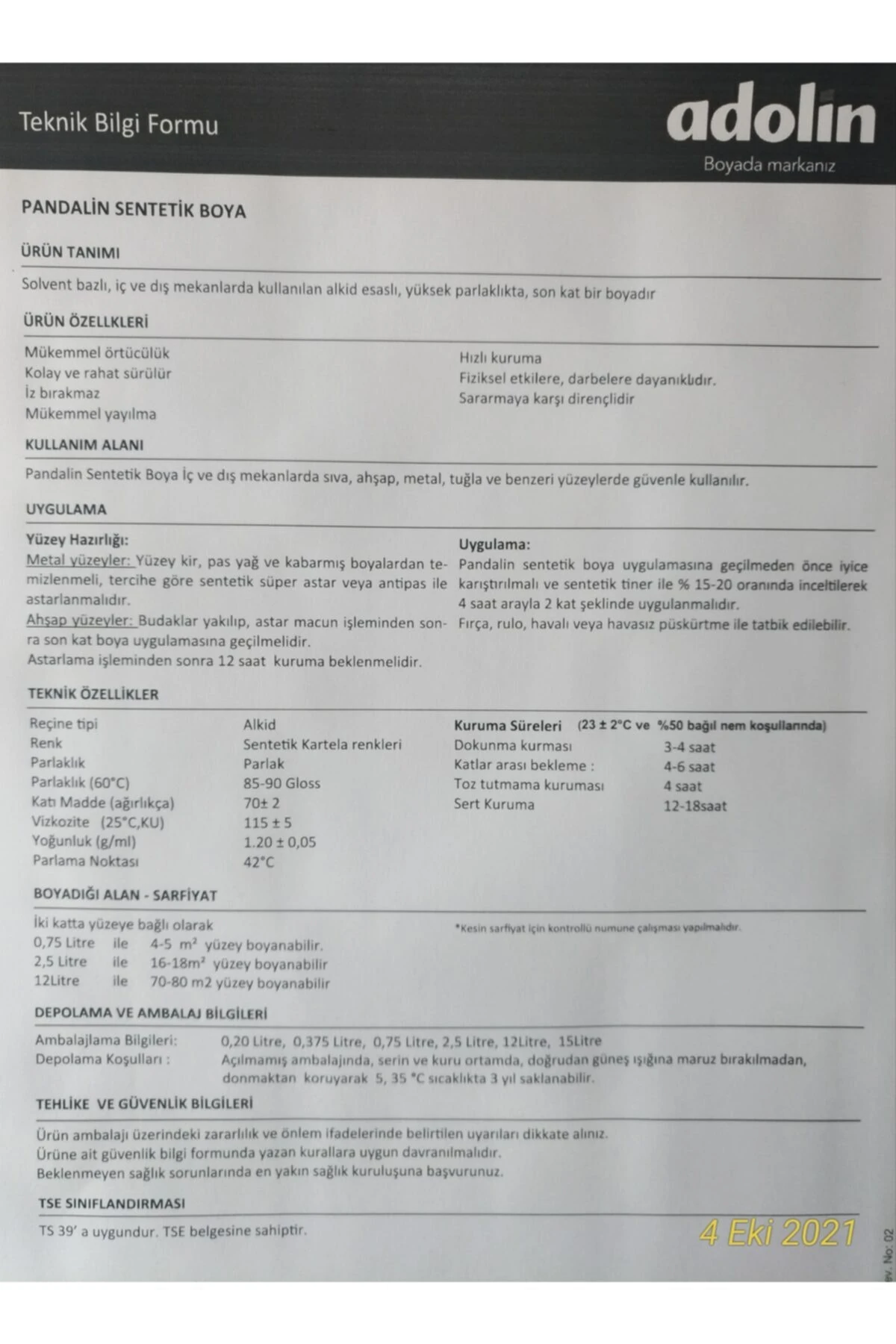 Adolin Pandalin Sentetik Boya Nefti Yeşil 0.75Lt.