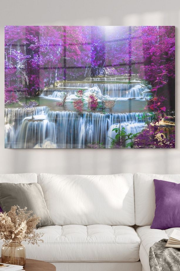 Mor Ağaç Ve Şelale | Doğa Temalı Cam Tablo | 50x70 Cm