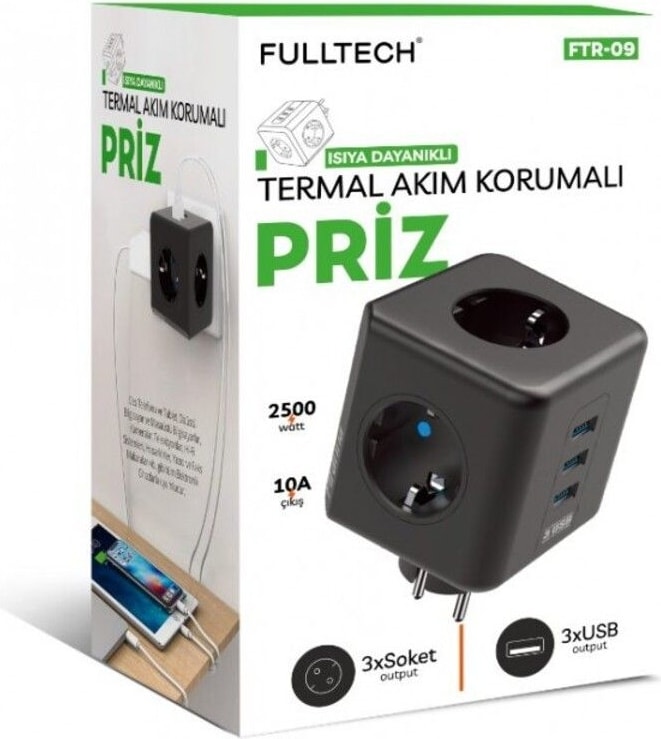 90°köşeli Kablosuz Akım Korumalı Termal Çocuk Korumalı 3x USB 3.0 3 x Priz Girişli 10A 2500W Ofis Ev