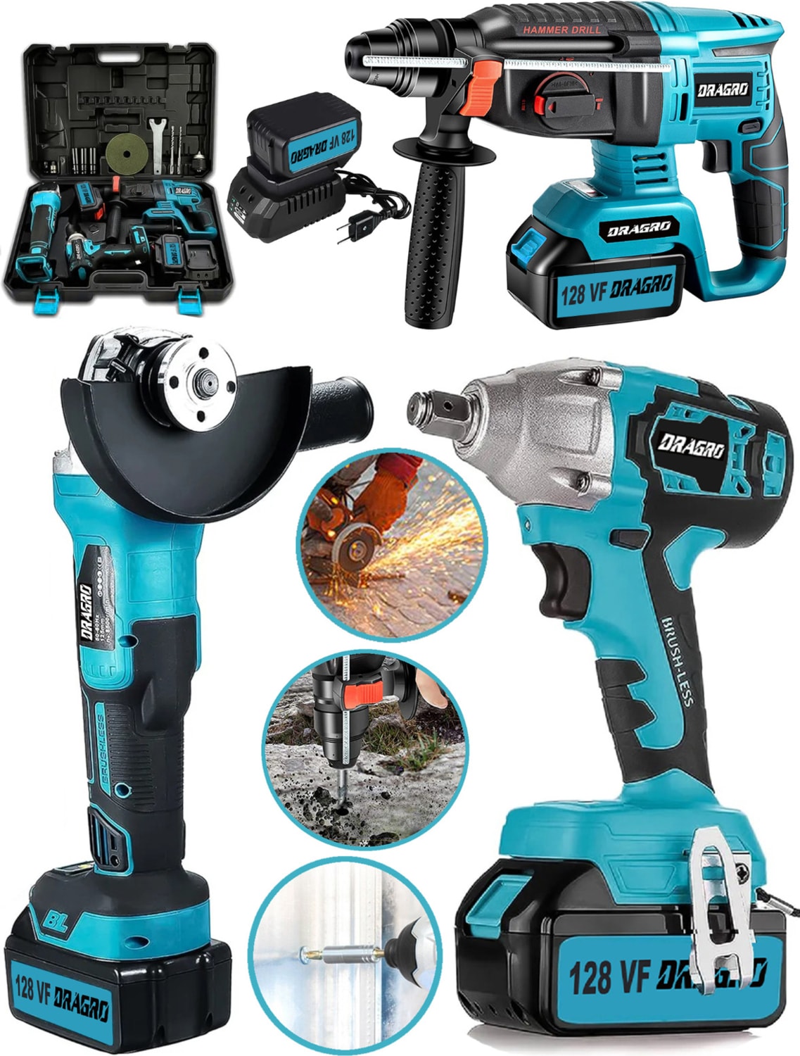 Germany Pro 128 V 3'lü Set Kırıcı Delici Somun Sıkma Taşlama Makinesi 2 Akülü Kömürsüz Full Set