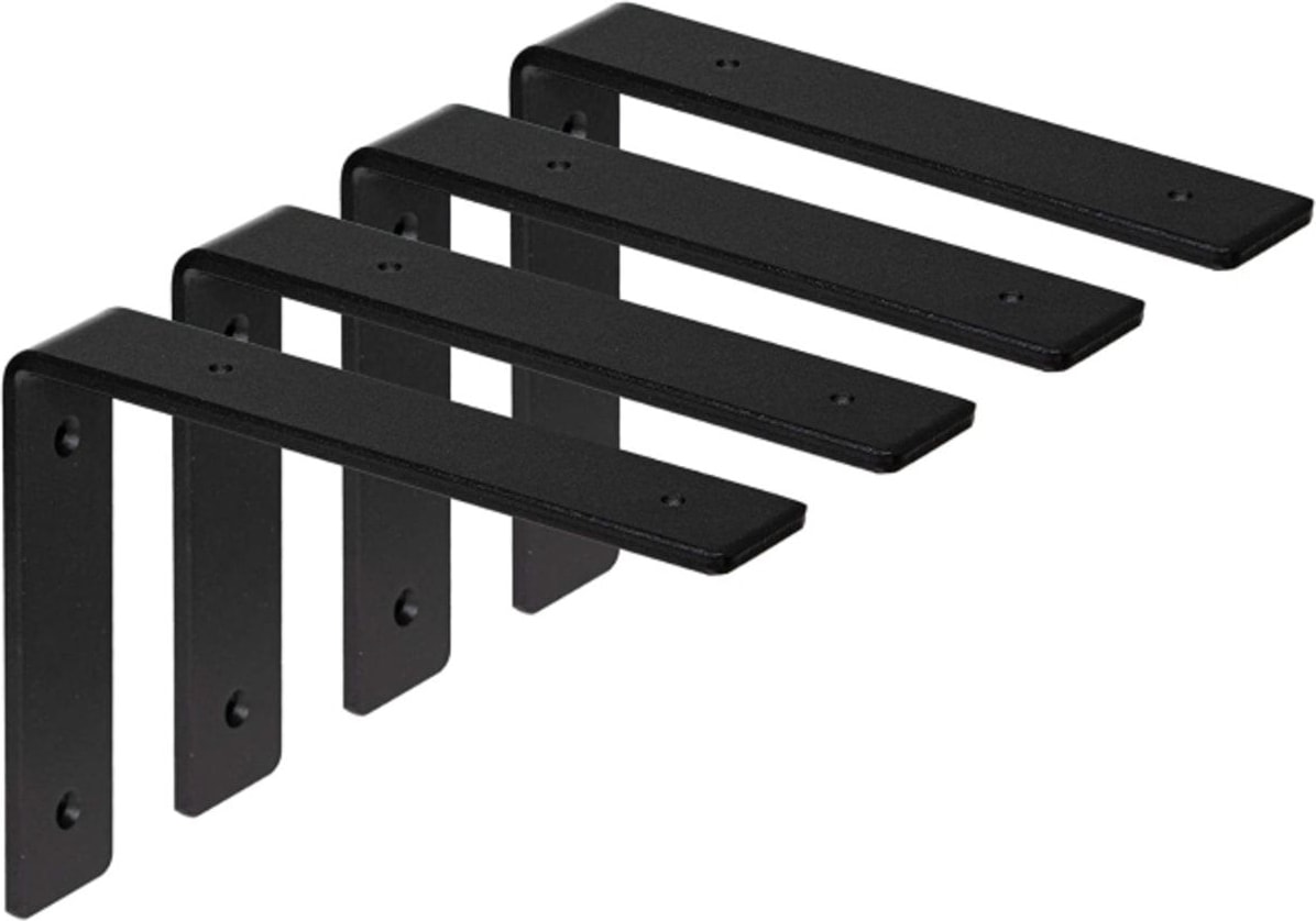 4'lü Set Siyah Metal Duvar Rafı Destek Ayakları, Güçlü Raf Tutucu Ters L Demiri ve Vida Seti (25 Cm)
