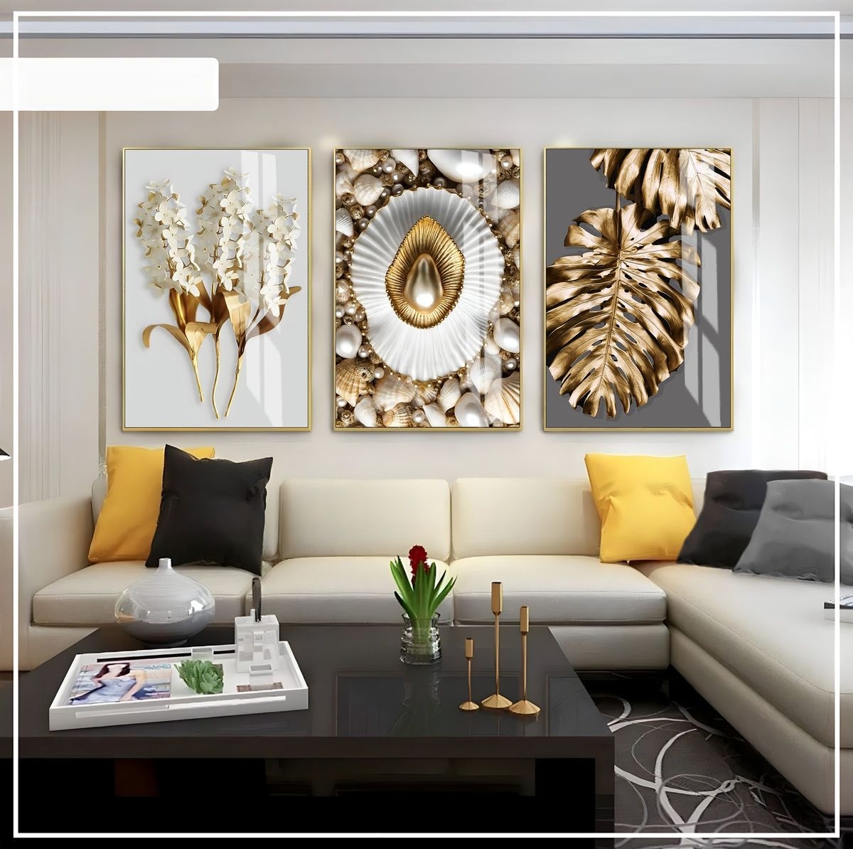 Beyaz Gri Gold Soft Renk Yaprak Inci Seti Çerçeveli Cam Tablo 3'lü