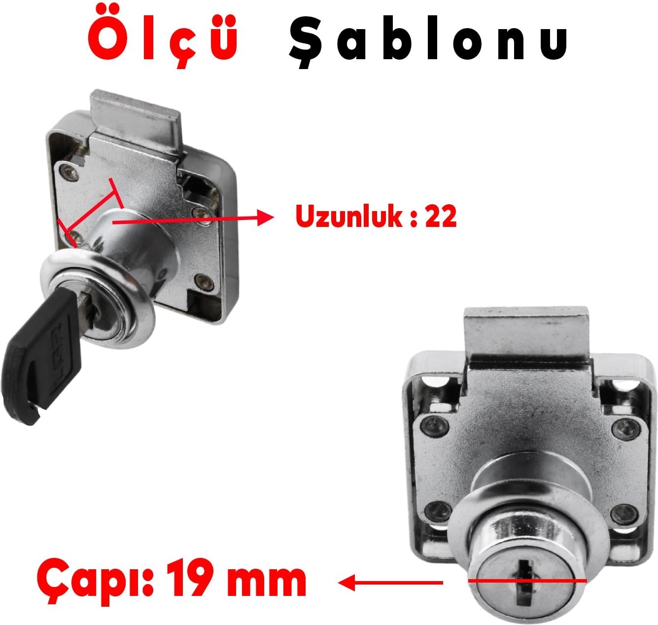 Ugr Kare Mobilya Çekmece Dolap Kilidi Nikel Krom 2 Anahtarlı Kilit 4x4 cm 22 mm (5 Adet)