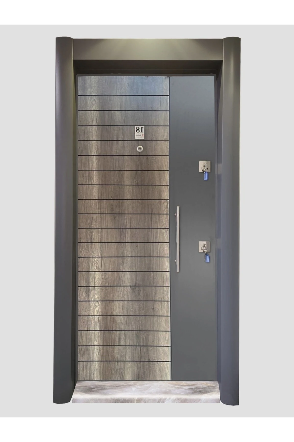 Çelik Kapı , Antrasit Kasalı Rustik Çizgili Düz Model Tırnaklı Sistem Çelik Kapı Sol Açılım