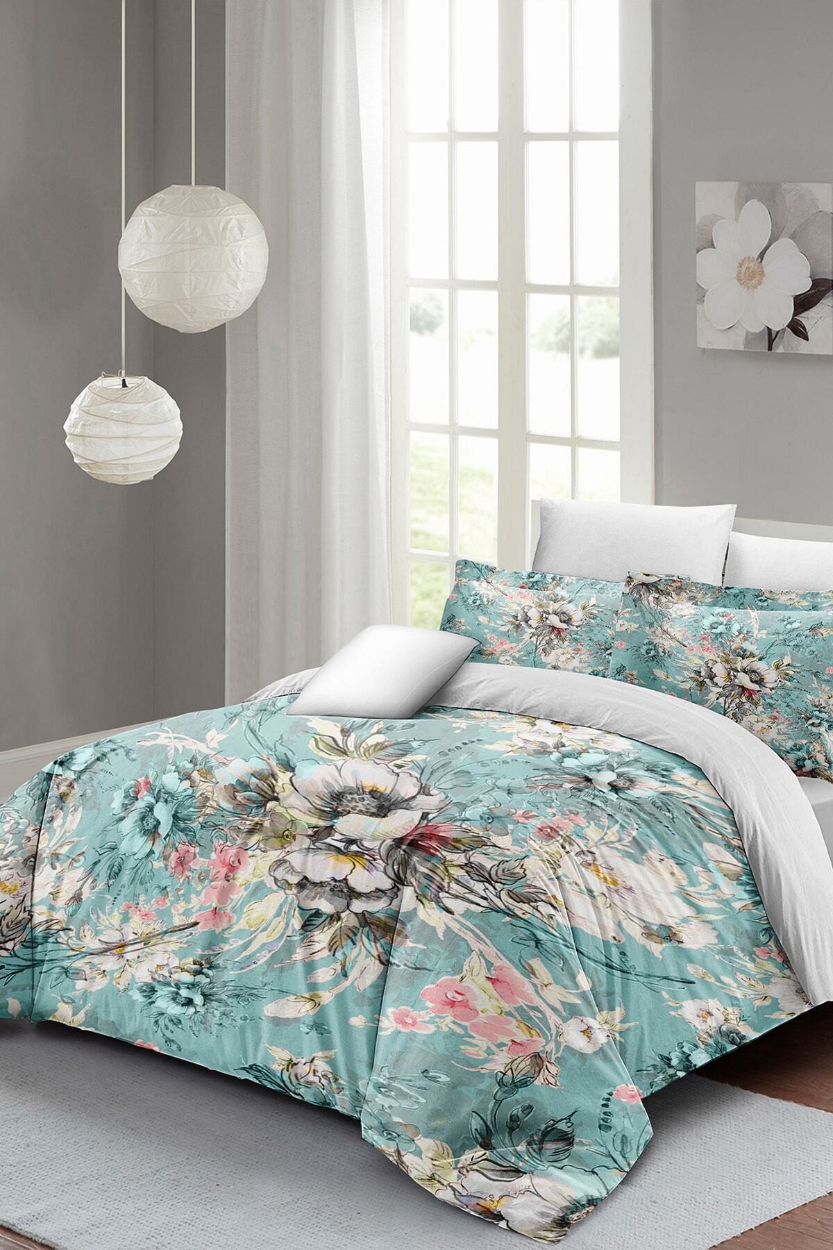Kıng Sıze Floral Desing Luxury Çift Kişilik Pamuk Saten Nevresim Takımı 220x240cm