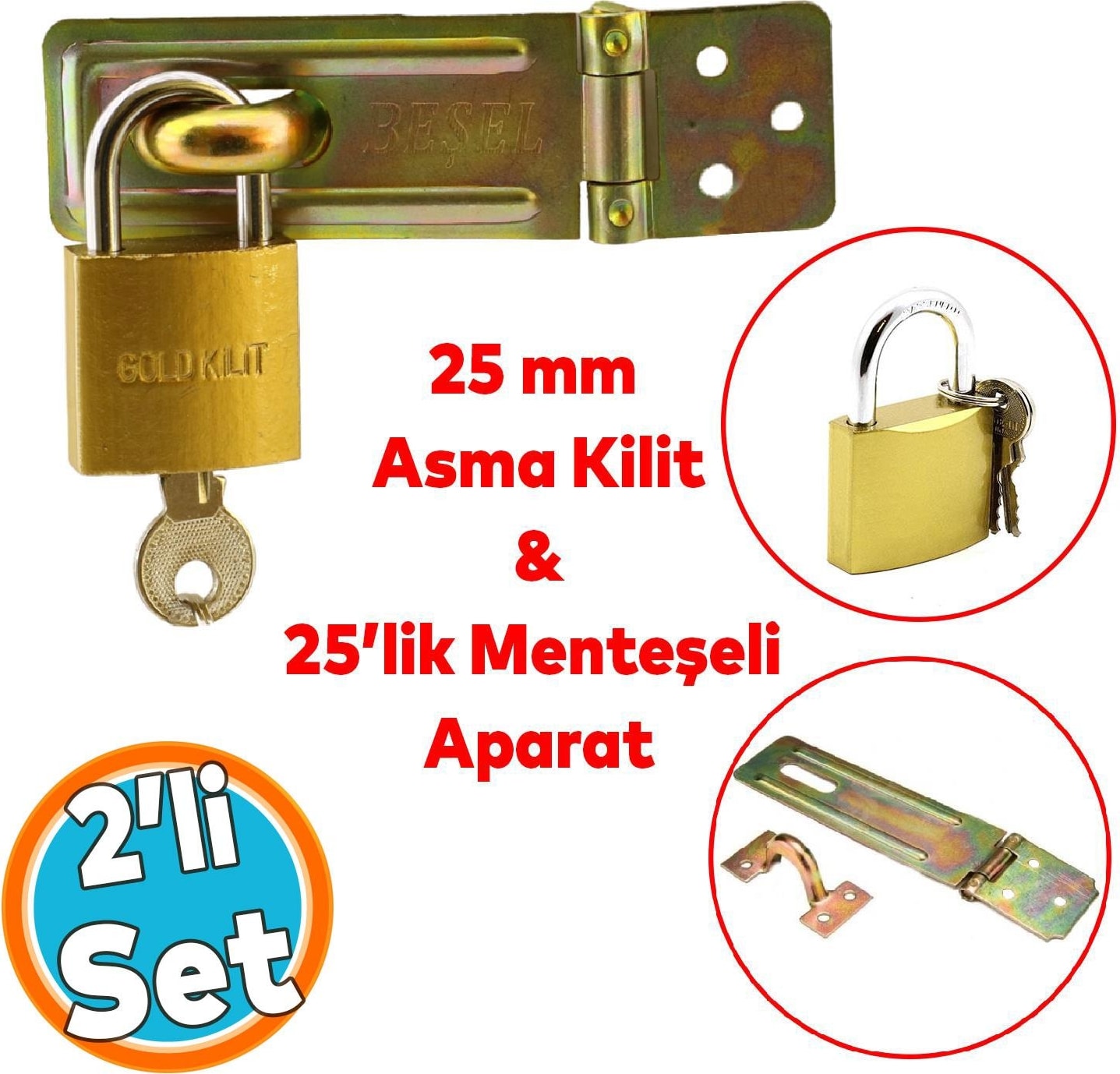 Sandık Kutu Askısı Menteşeli Kilit 25 Lik Aparatı Tosba Kilit 25 mm Asma Kilit 2'li Set
