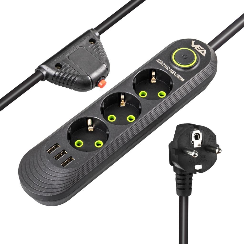 VA-21557 3 x Usb'li 3'lü 1.5 Metre Akım Korumalı Priz Siyah