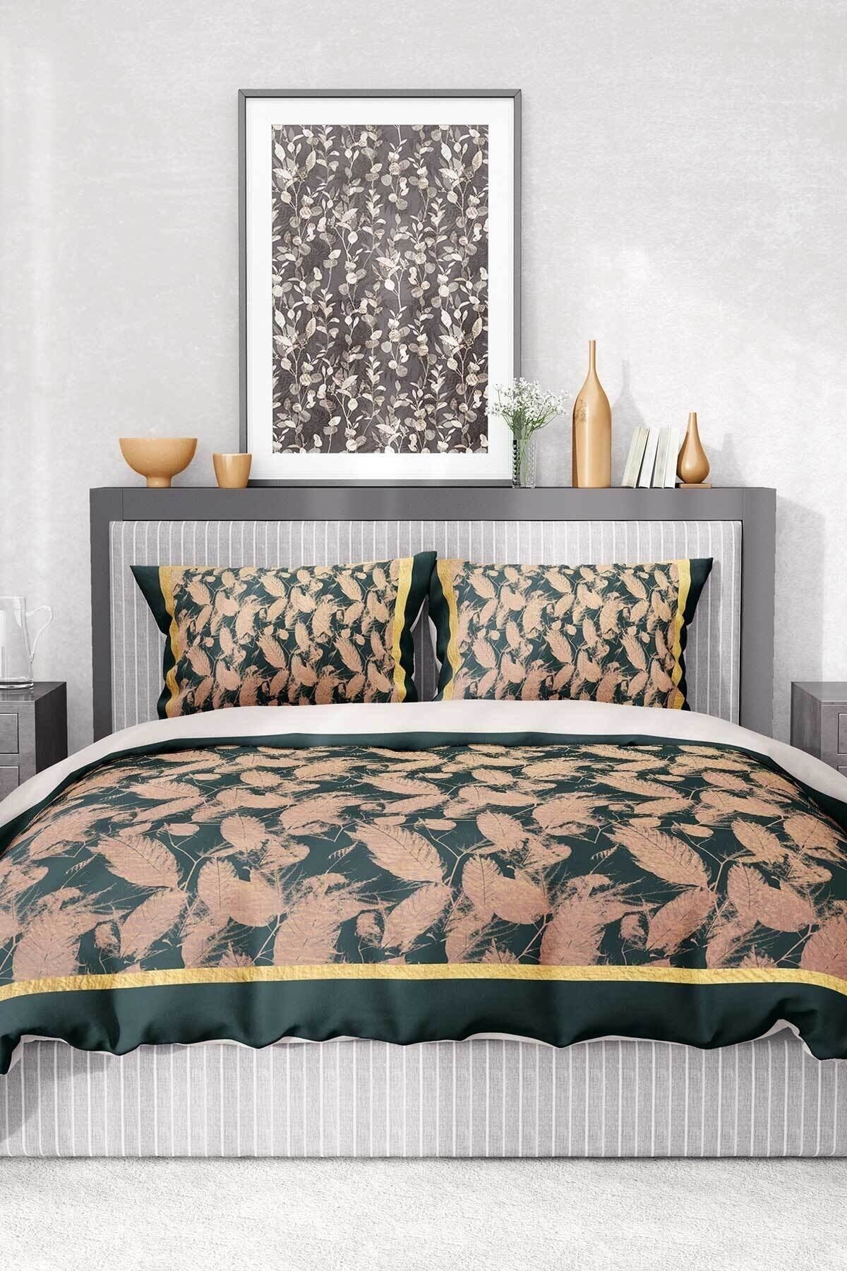 %100 Pamuk Saten Nevresim Takımı Lastikli Çarşaf Deluxe Çift Kişilik 3d Leaf