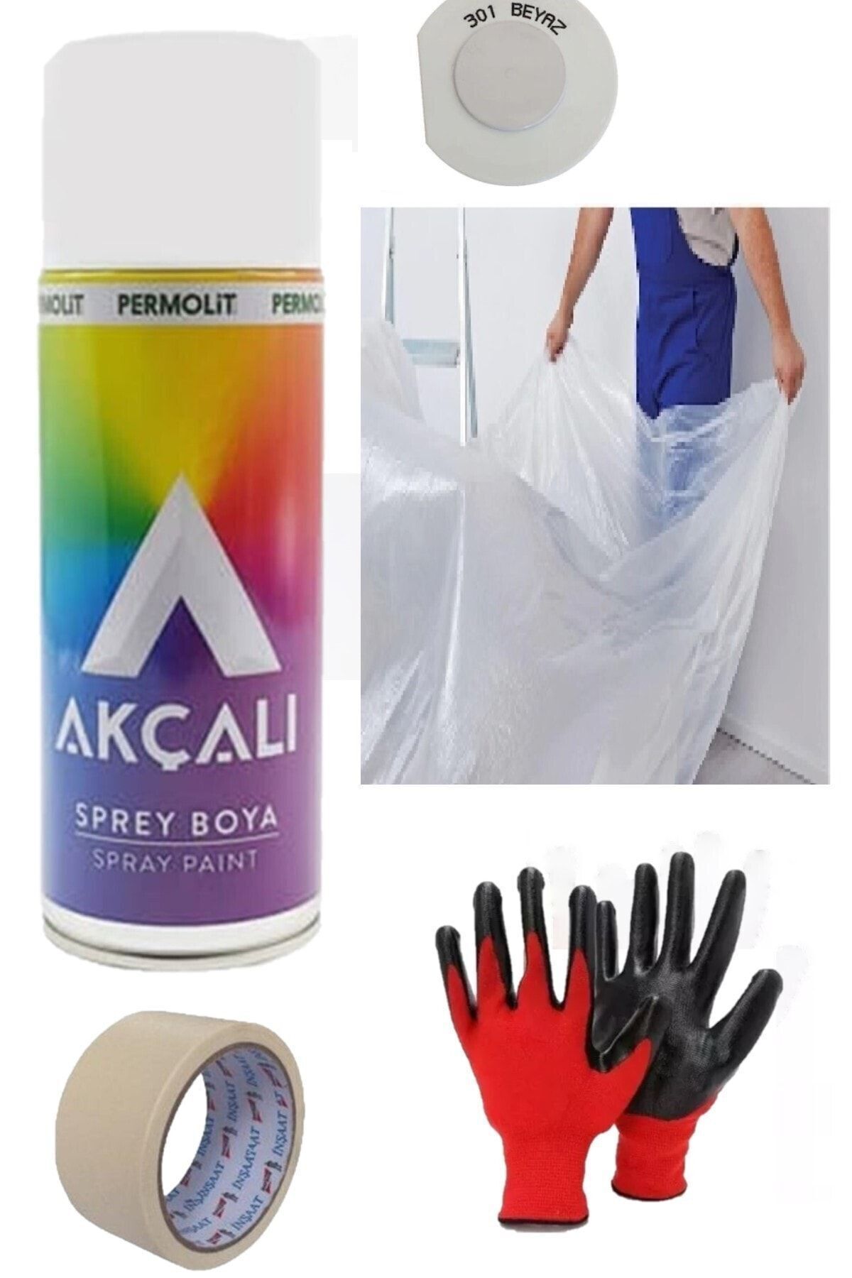 Parlak Beyaz Sprey Boya + Koruyucu Örtü + Eldiven + Maskeleme Bantı Set