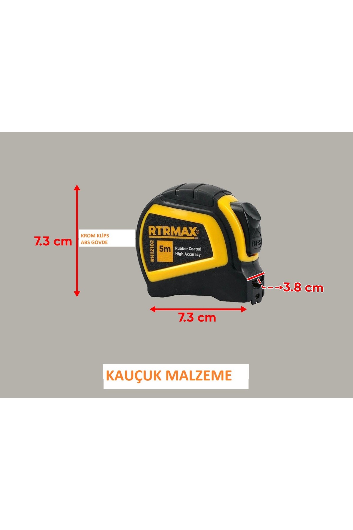 5X25MM METRE ÖZEL KAUÇUK KAPLAMALI ABS GÖVDE KROM KLİPS CLASS II OTOMATİK KİLİT 1 ADET