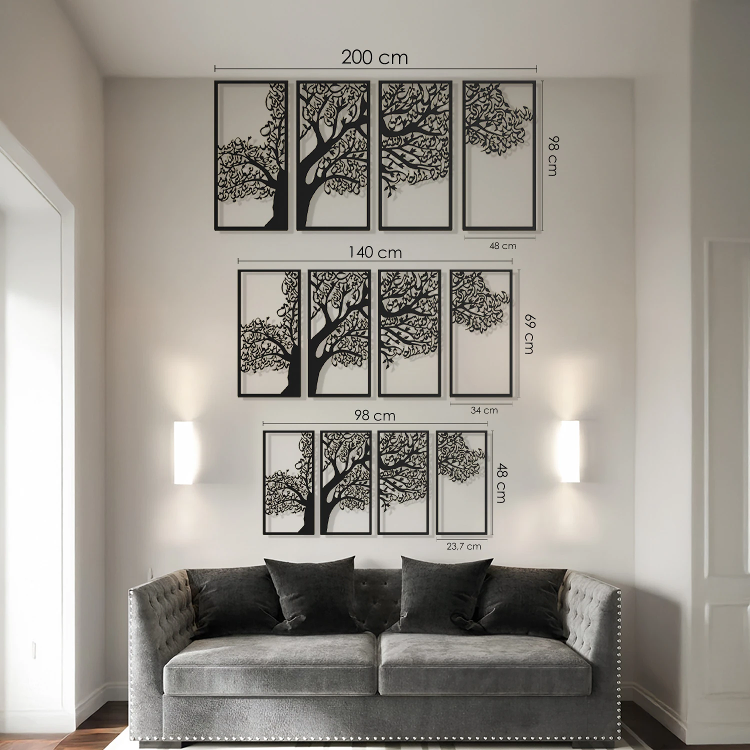 Wall Art Istanbul - Ağaç Motifli 4 Kul Sureleri Metal Islami Duvar Tablo Seti (Nas, Felak, Ihlas ve Kâfirun) Siyah Renk - 98 x 48 cm - Dini Tablo - WAM229