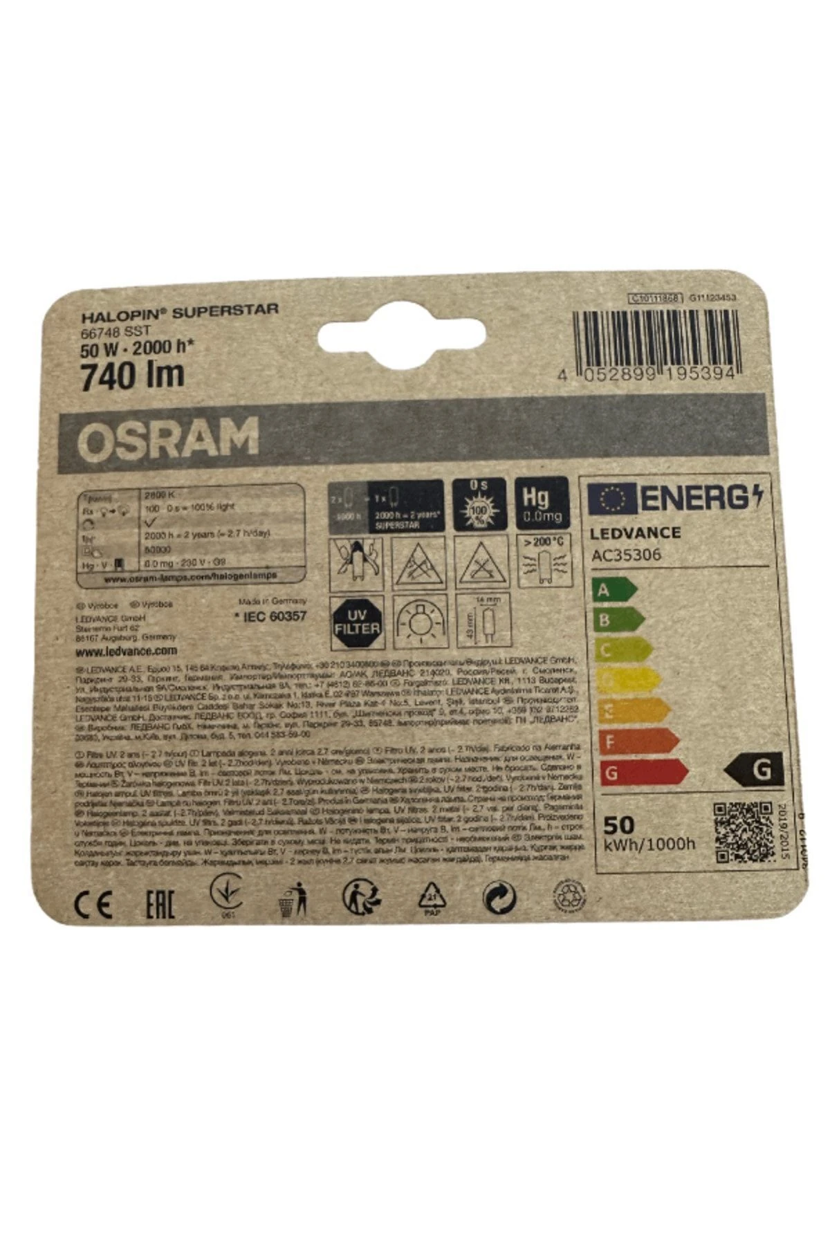 Halojen Superstar 50W (60W) G9 Duy Sarı Işık, 2'li Paket