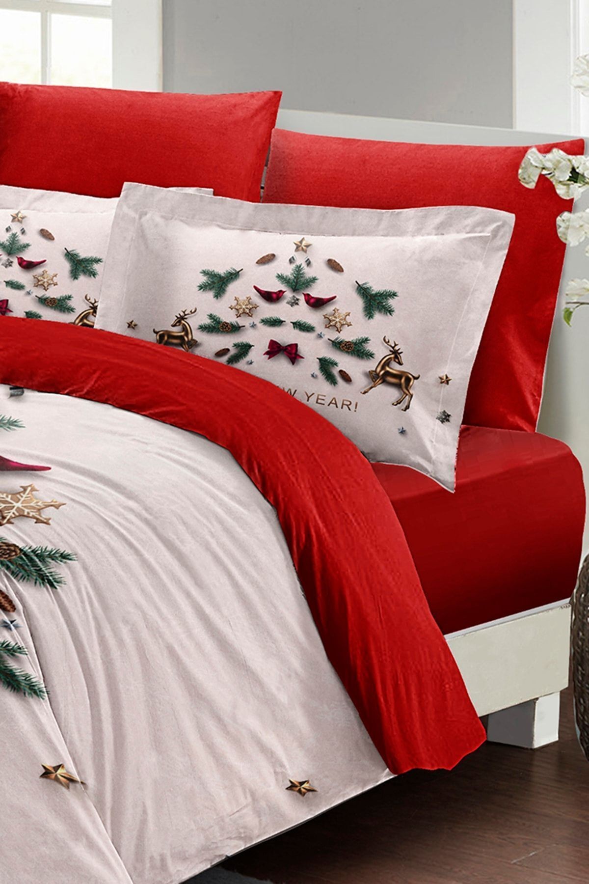 Yılbaşı Süsü White Noel %100 Pamuk Saten 3d Çift Kişilik Nevresim Takımı