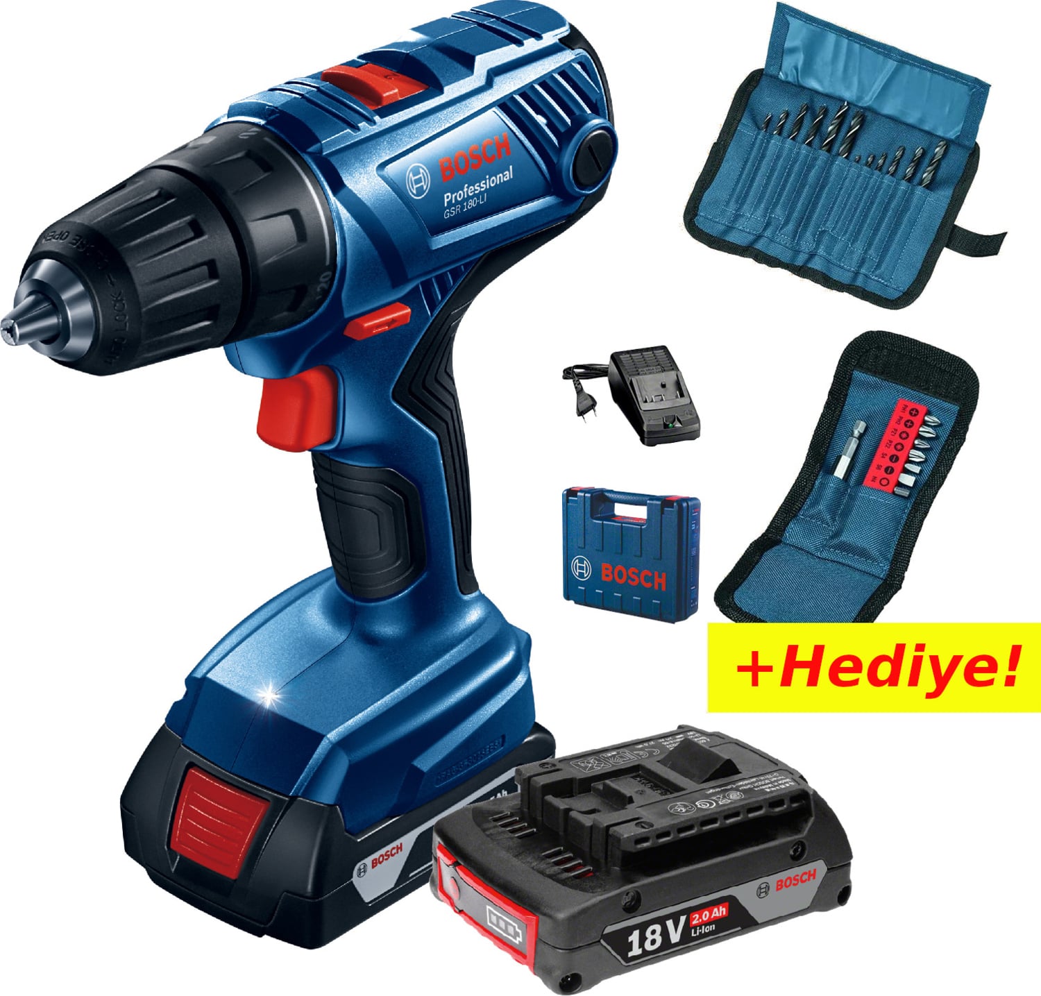 BOSCH GSR 180-LI Professional 2x2.0Ah Çift Akülü Vidalama Makinesi + 23 Parça Set