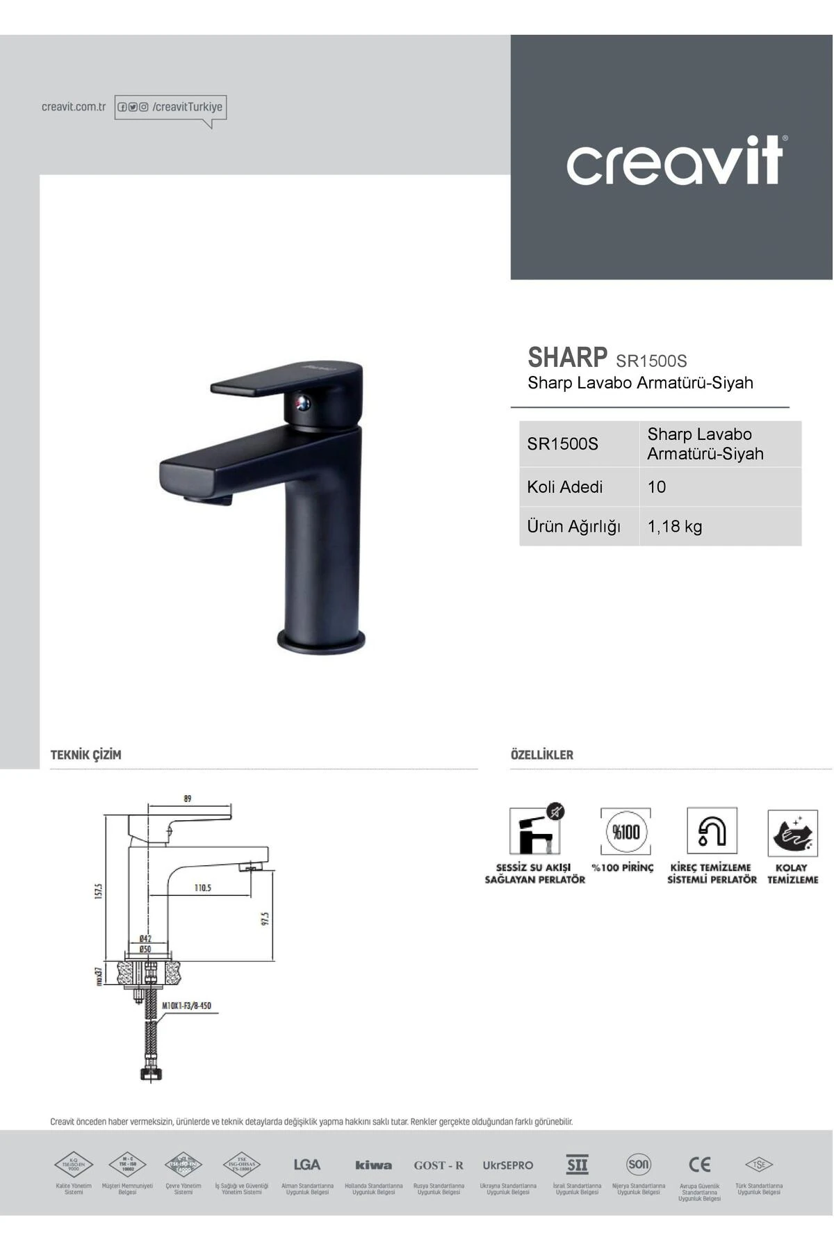Sr1500S Sharp Siyah Lavabo Armatürü Bataryası Siyah