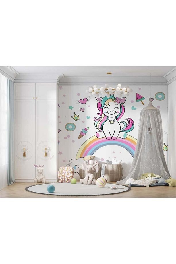 Unicorn Gökkuşağı Çocuk Odası Duvar Kağıdı