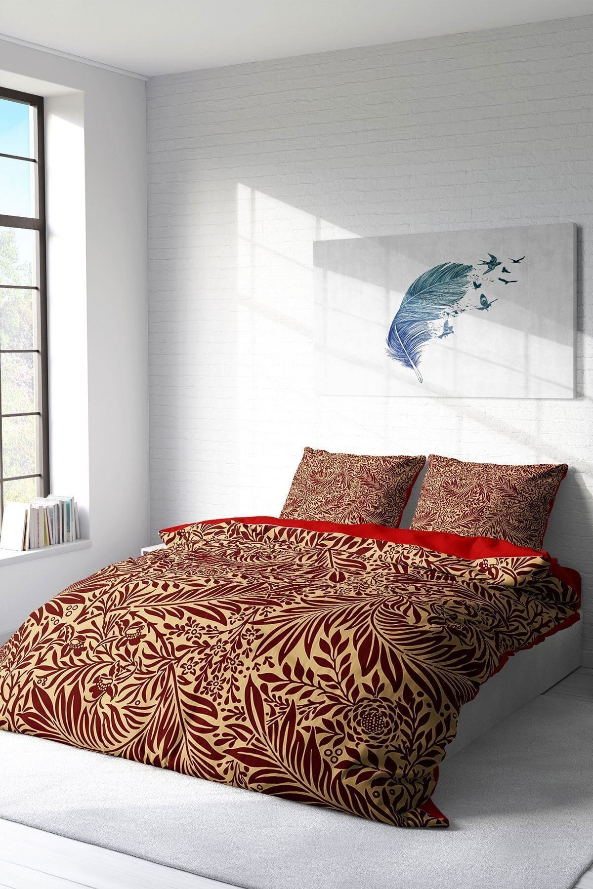Nevresim Takımı %100 Doğal Pamuk Çift Kişilik 3d Digital Red Leaf