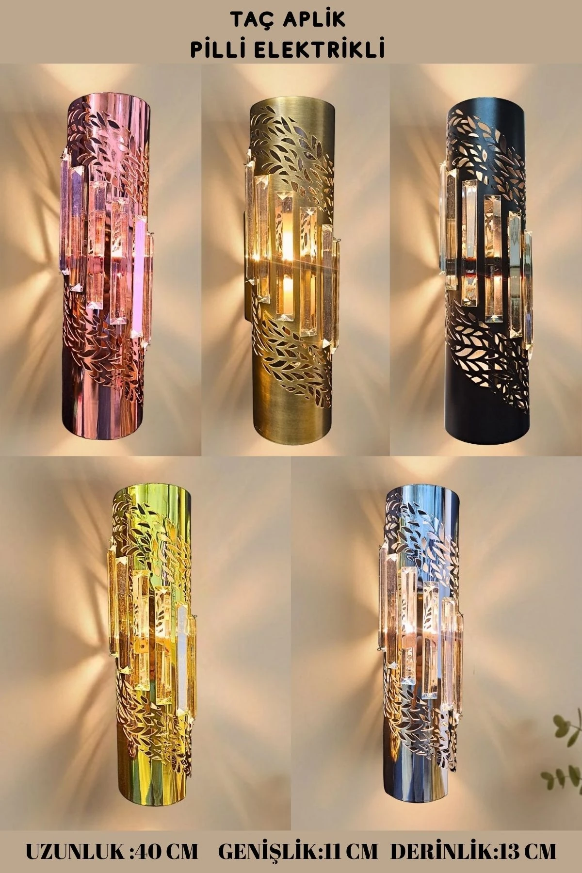 Taç Apik Eskitme, Pilli Aplik, Anahtarlı, Pilli Elektrikli Ledli Duvar Aplik Kristal Taşlı