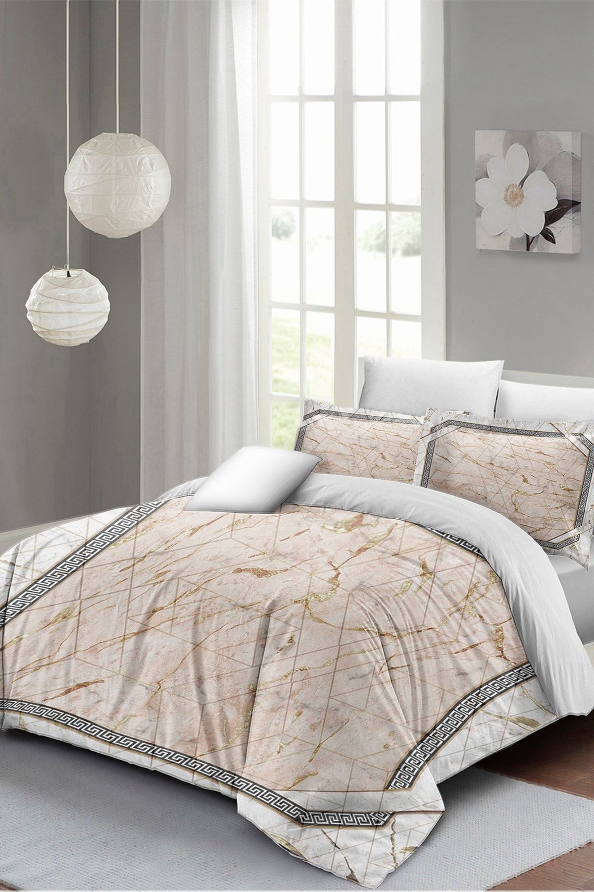 Kıng Sıze Nevresim Takımı Çift Kişilik 3d Pamuk Saten Pink Marble 220x240cm