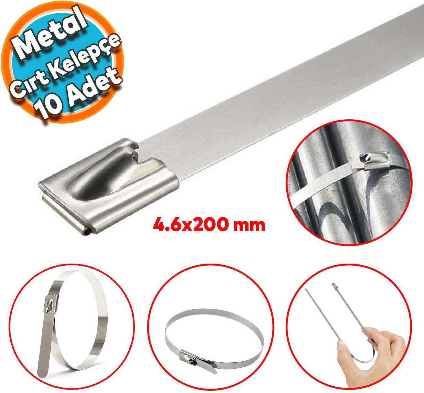 Cırt Kelepçe Metal Paslanmaz Çelik Kablo Zip Bağı Çok Amaçlı Bağlama 4.6X200 10 Adet