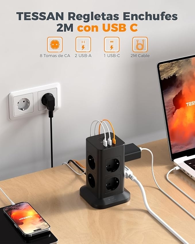 Akım Korumalı 8'li 2 Metre Type C ve Usb'li Grup Priz Siyah