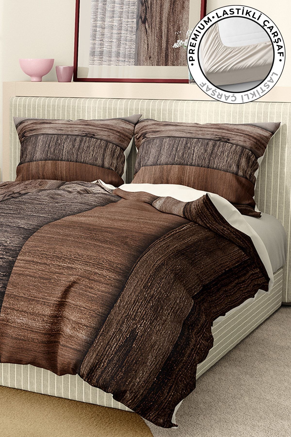 Nevresim Takımı %100 Pamuk Saten Lastikli Çarşaf Deluxe Koleksiyon Çift Kişilik 3d Brown