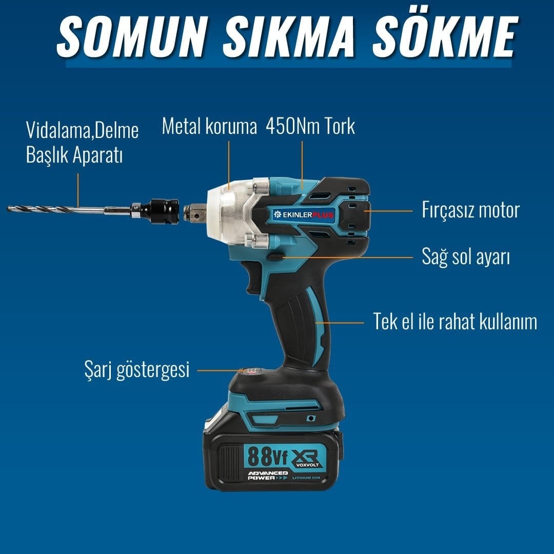Akülü Süper 6lı Set Makina 88VF 5AH 125MM Avuç Taşlama, Sds Plus Kırıcı Delic, Somun Sıkma Sökme, Vidalama Matkap, Budama Testere, Budama Makası EEA397