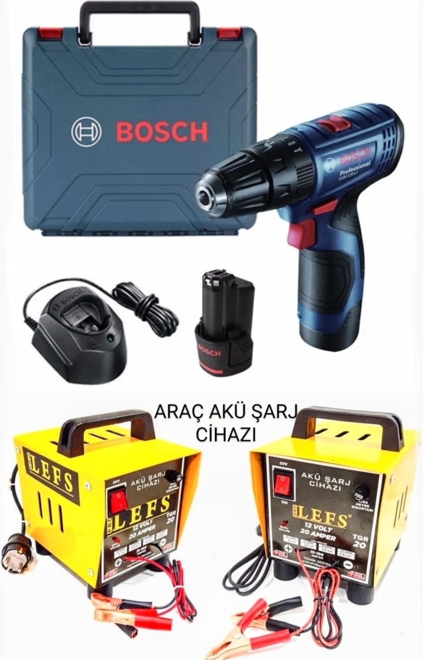 BOSCH Gsb 120 Li Darbeli Akülü Vidalama (Çift) Batarya ve Prolefs 12 V 20 Ah Akü Şarj Cihazı