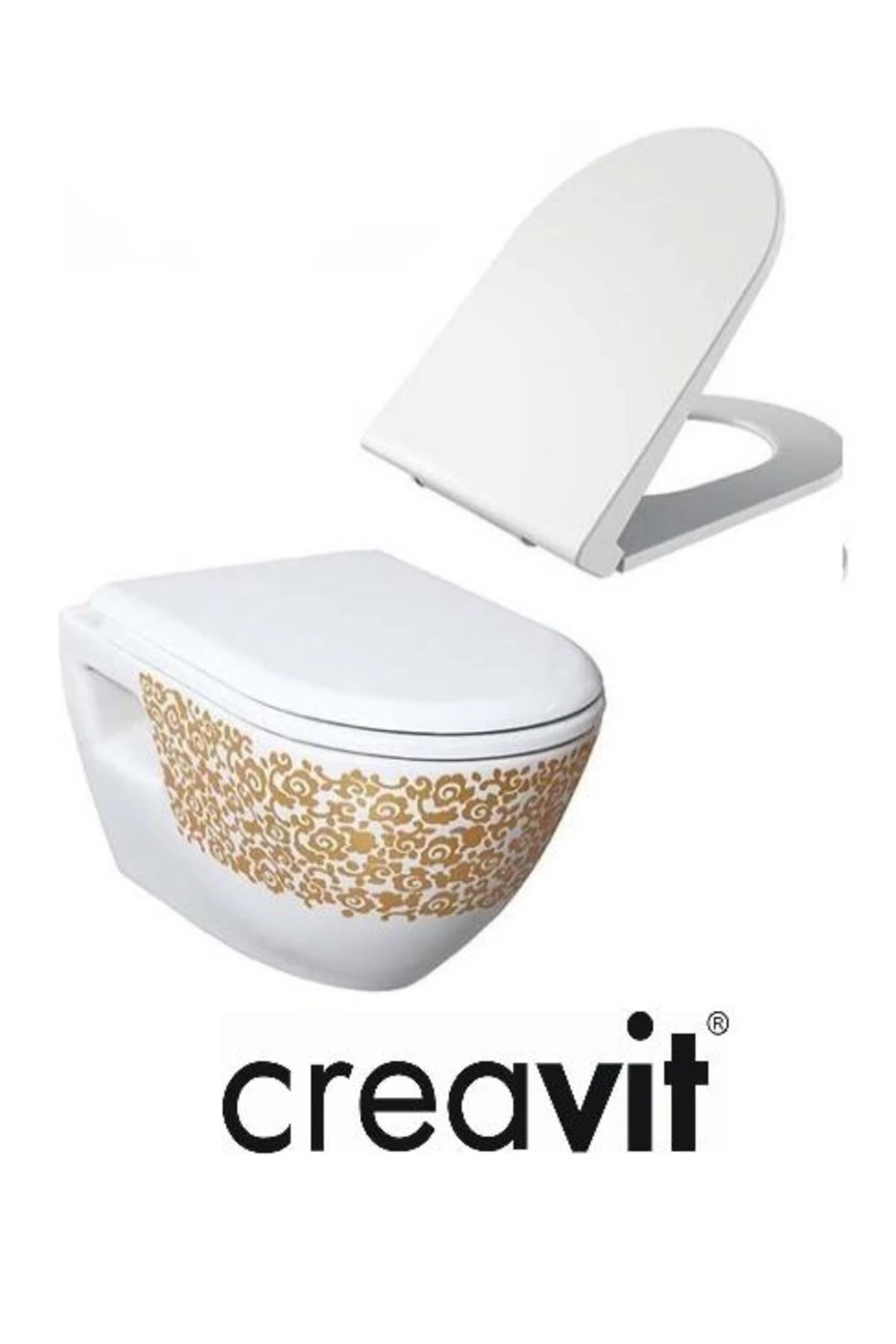 TP325 Terra Asma Klozet Çiçek Altın Dekorlu Asma Klozet + Duck Yavaş Kapanır Kapak