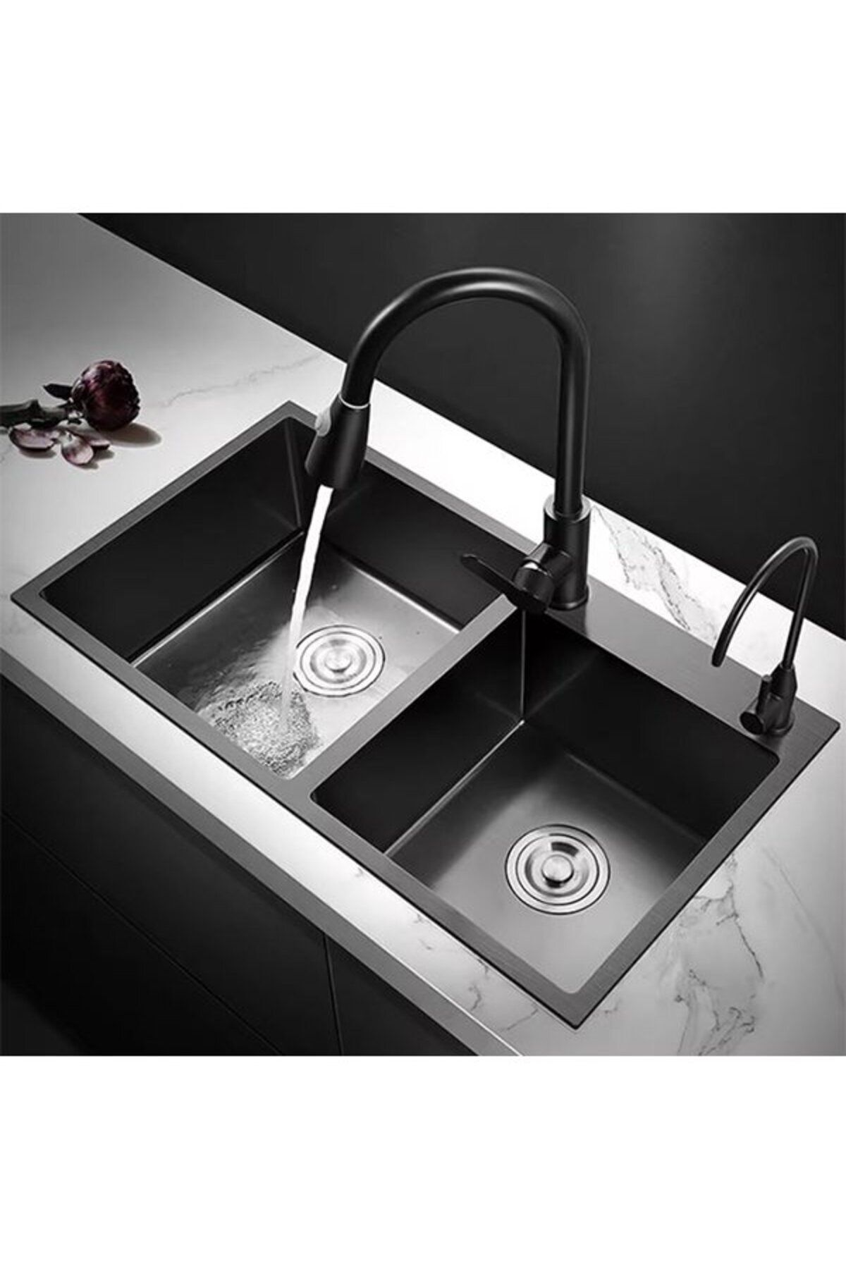Mutfak Evyesi Paslanmaz Çelik Çizilmez 2 Gözlü Siyah Renk  78x45