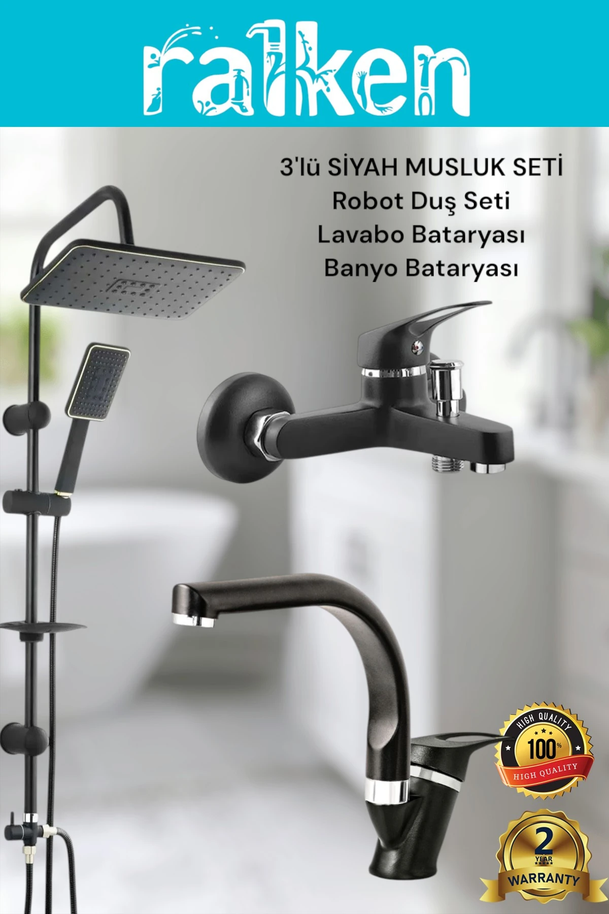 Lüx Siyah 3’lü Banyo Seti Siyah Robot Tepe Duş, Banyo, Balık Sırtı Lavabo Bataryası Musluk Takımı