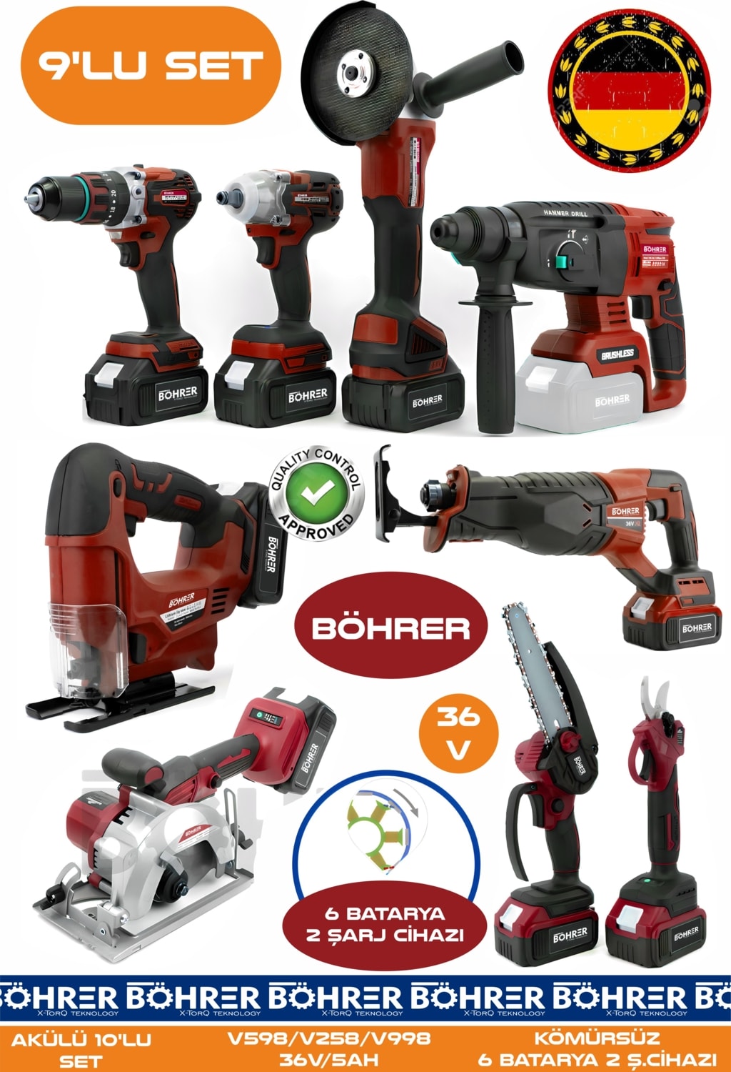 Alman 9 Makine Kombo Set BA01083K 6 Akülü 2 Şarjlı Kömürsüz V598 5AH Profesyonel - Red Kırmızı