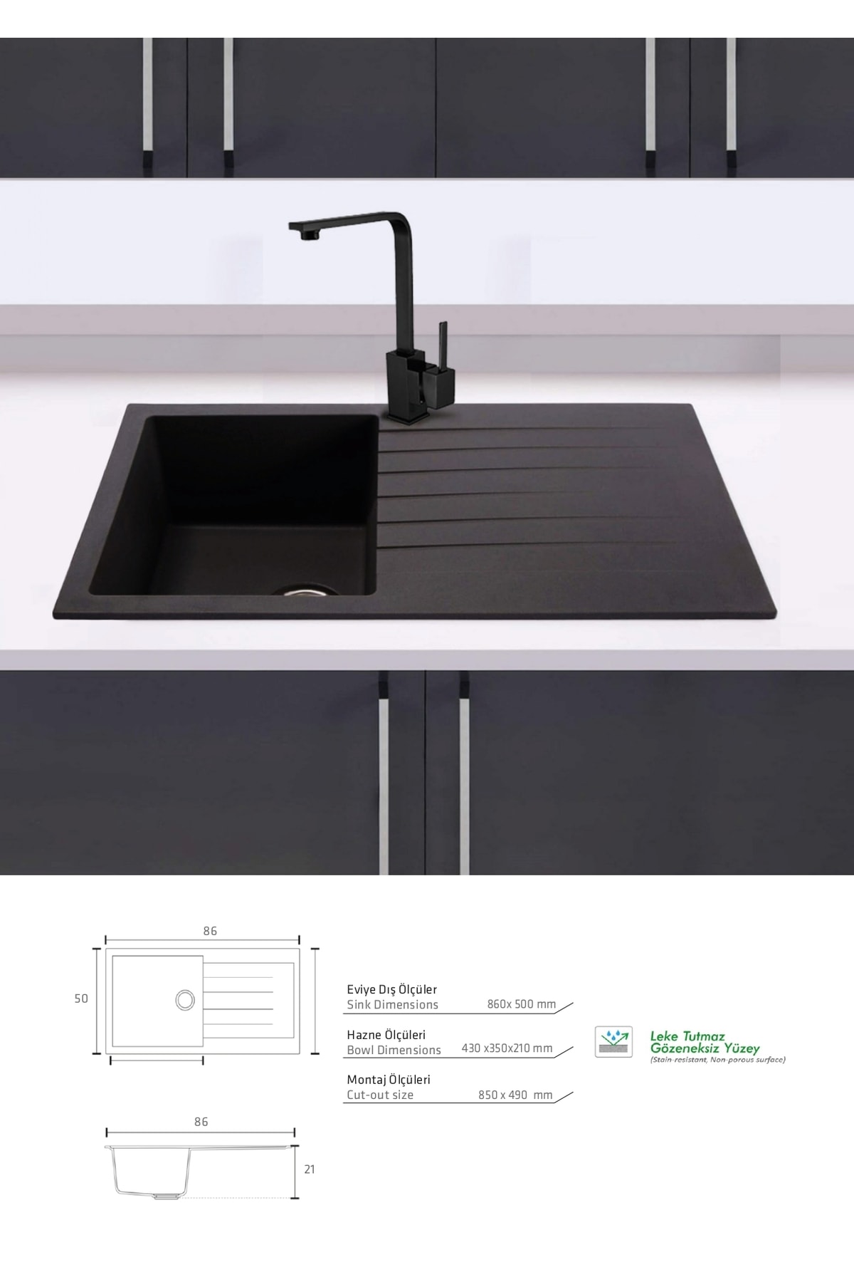 Granit Eviye | Kare Izgaralı | Beyaz | Ametist SP07 | Evye